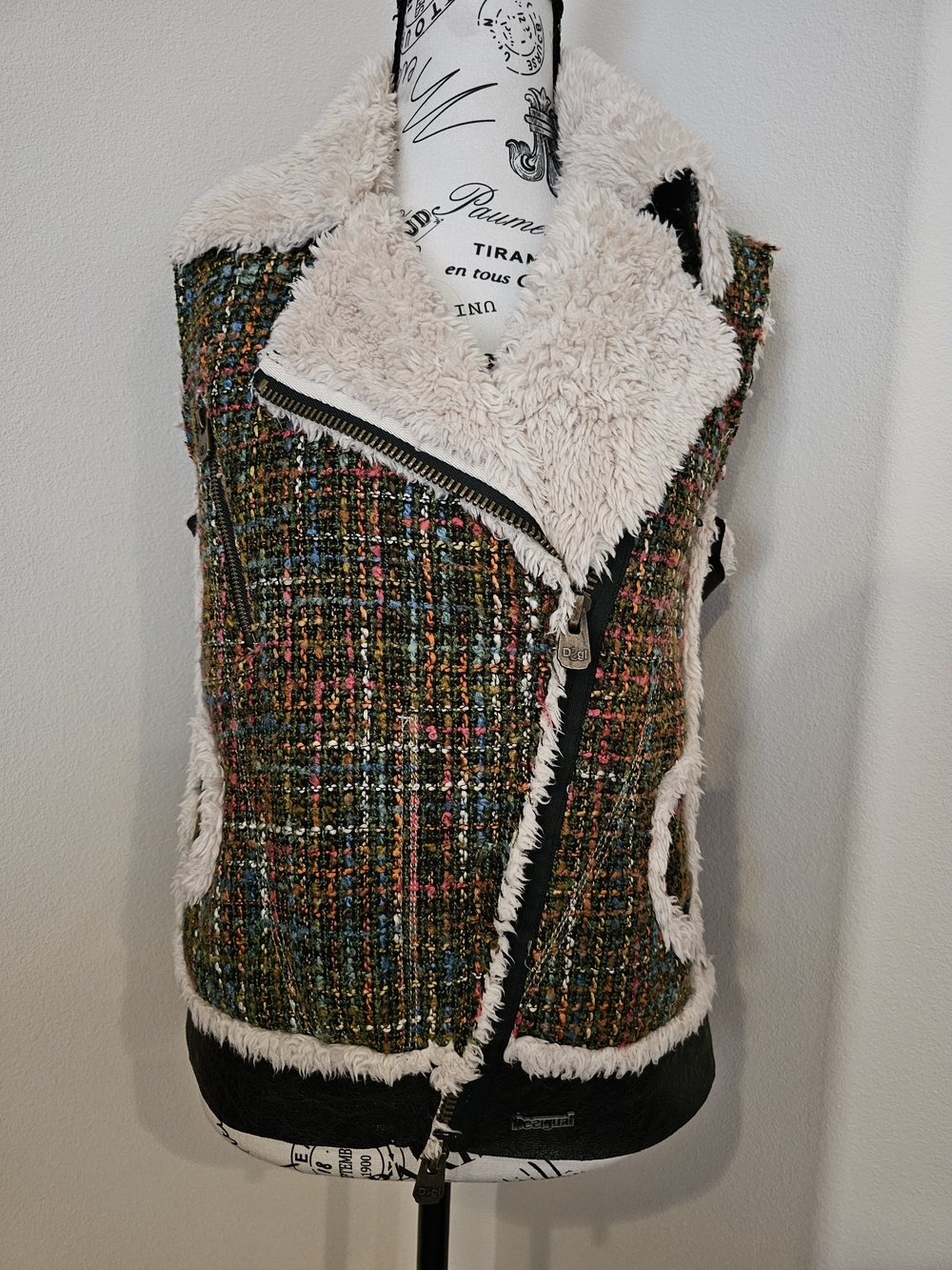 Desigual Multicolor Tweed Vest with Cream Faux Shearling Trim